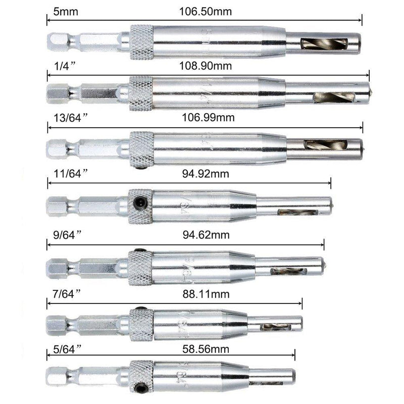 AFUNTA 8 pcs Center Drill Bit Set, Self Centering Hinge Tapper Core Hole Puncher Woodworking Tools for Cabinet Door 5/64'' 7/64'' 9/64'' 11/64'' 13/64'' 5mm 1/4''