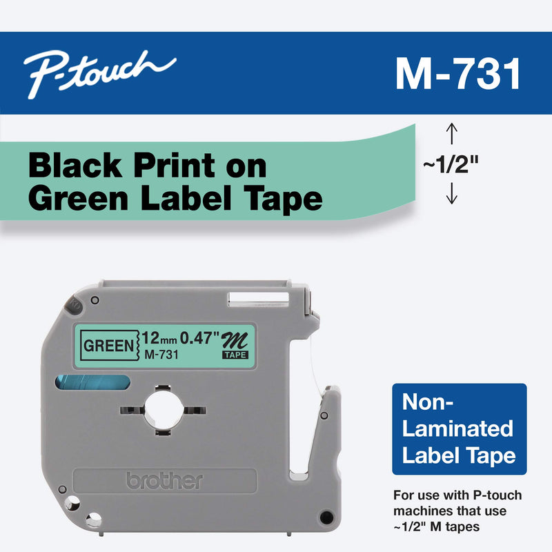 Brother Tape Cartridge 0.5IN Wide, Non-laminated Black On Green (M731)