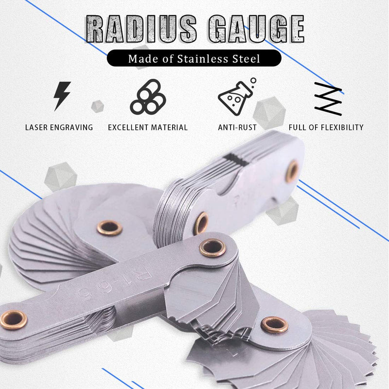 Glarks 4 Pack R0.3-1.5/ R1-6.5/ R7-14.5/ R15-25 Radius Gauge Set, Stainless Steel Radius Fillet Gage Portable Concave Convex Measuring Tool for Tool and Die Makers Check