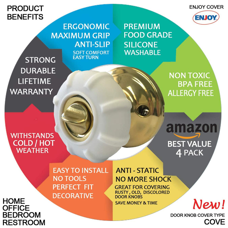 New Enjoy Cover - Door Knob Cover Grips Non Slip Arthritis & Senior Living Aids Grippy Easy Open Decorative. Simple Functional Effective Solution- 4 Pack (White, Cove)