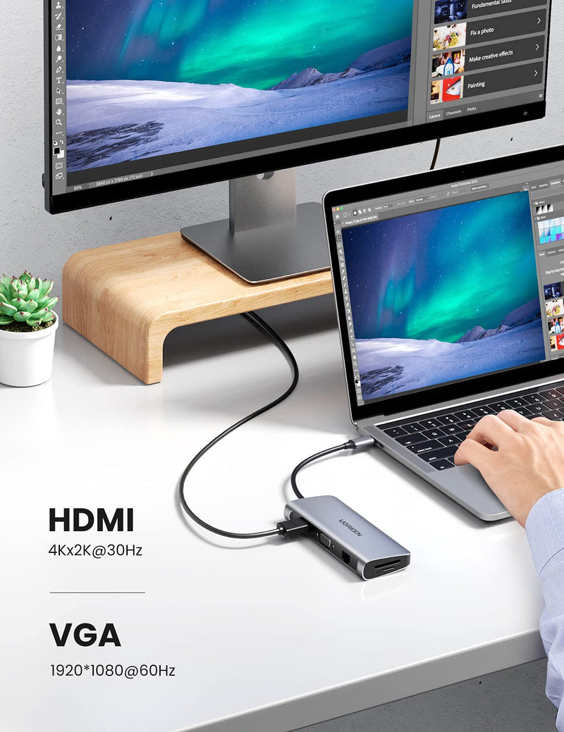 UGREEN USB C Docking Station, 10 in 1 Laptop Docking Station with Gigabit Ethernet 4K HDMI VGA 100W Power Delivery 3 USB 3.0 Ports 3.5mm Audio Jack SD TF Card Reader for MacBook Pro Air Dell HP