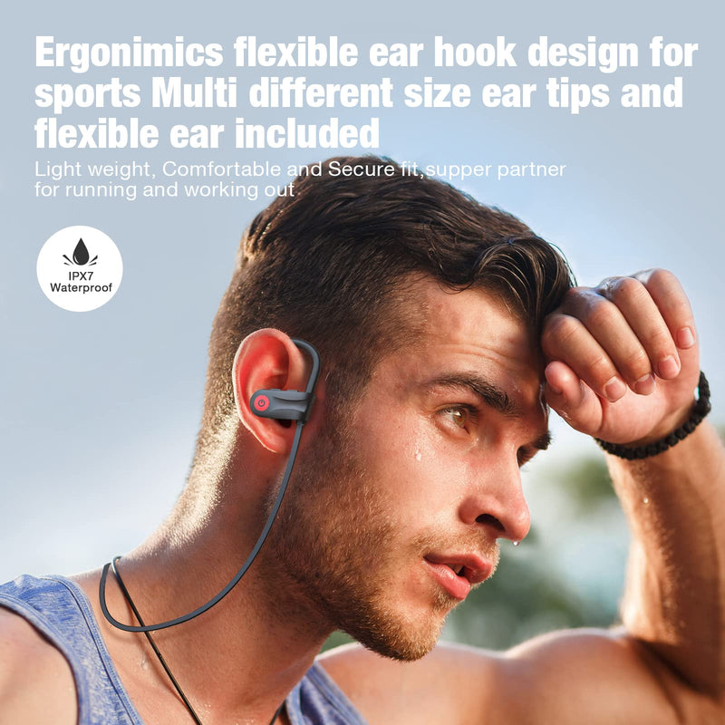 Bluetooth Headphones, Running Wireless Earbuds with 10 Hours Playtime, HD Deep Bass Stereo IPX7 Waterproof Earphones for Workout and Sports, Bluetooth 5.1 CVC 6.0 Noise Cancelling Headsets Black