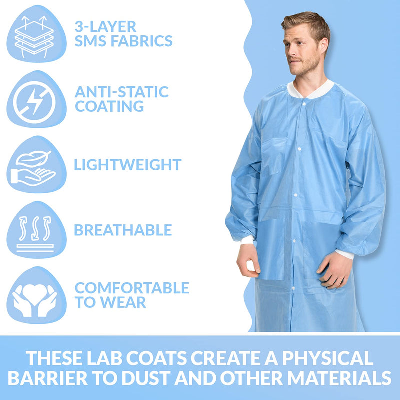 MEDICAL NATION 10 Disposable Lab Coats - Blue - Durable SMS Knee Length Lab Coat Unisex, Comfortable and Easy to Wear Labcoat, For Hospitals, Pharmacies, Laboratories, Dental Clinics - Extra Large