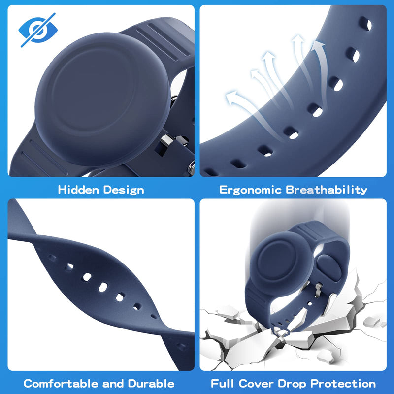 Waterproof Air Tag Bracelet for Kids(2 Pack), Soft Silicone Air Tag Hidden Wristband Kids, Lightweight GPS Tracker Compatible with Apple AirTag Watch Band for Child (Black & Navy Blue) Black & Navy Blue