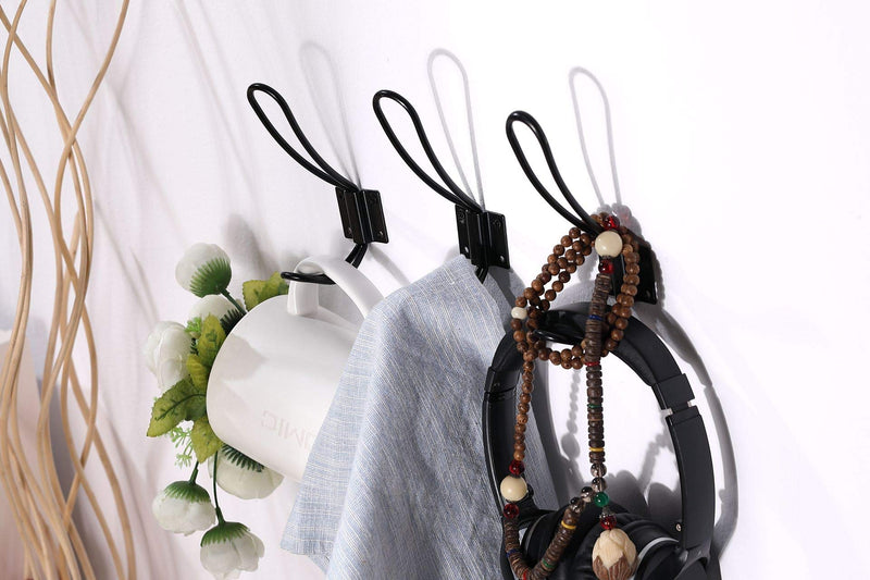 Rustic Entryway Hooks | 10 Pack of Black Wall Mounted Vintage Double Coat Hangers with Large Metal Screws Included