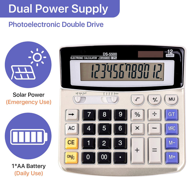 JAWOO Large Display Desk Office Calculator, 12 Digit Desktop Basic Jumbo Adding Machine Standard Function Simple Accounting Calculators with Big Button, Solar and Battery Dual Power (DS-5500) DS-5500 -Silver