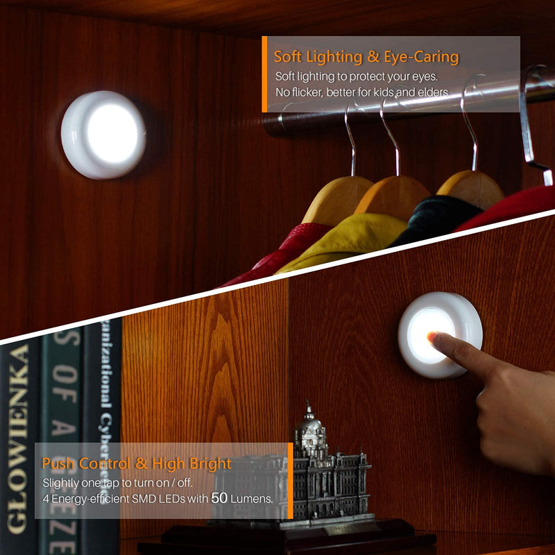Tap Light, Push Lights, Stick on Lights Battery Powered Operated, Night Touch Light, Mini LED Puck Lights for Closet, Under Cabinets, Kitchen (Includes 12 AAA Alkaline Batteries, Cool White, 4 Pack) 4 Pack, Push Control, Include battery