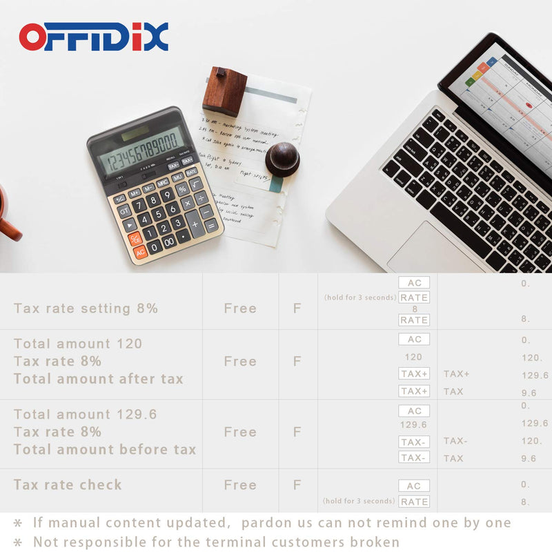 OFFIDIX Desktop Calculator 12 Digit with Large LCD Display, Desk Calculator Solar Battery Dual Power Electronic Calculator, Business Calculator with Tax Functions,Perfect for Office, Home, School Gold