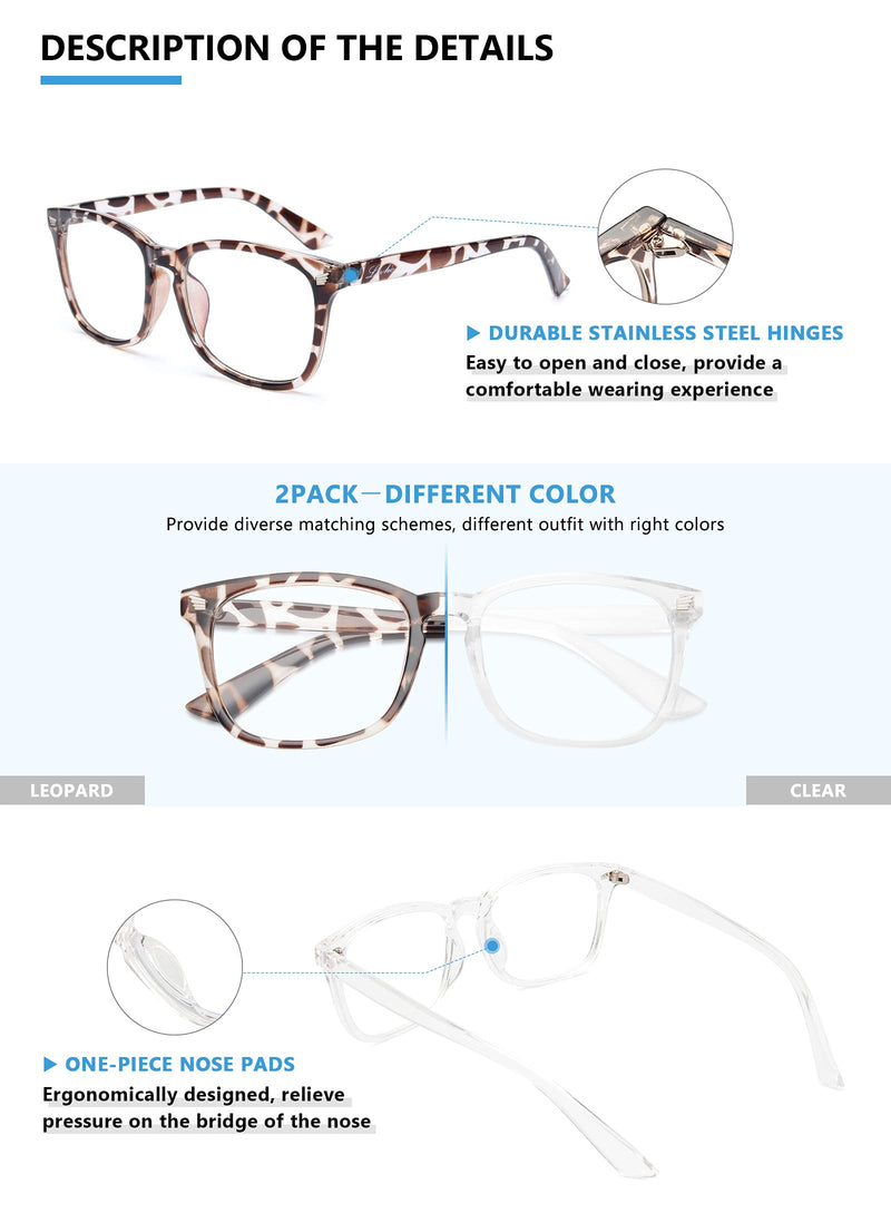 livho 2 Pack Blue Light Blocking Glasses, Computer Reading/Gaming/TV/Phones Glasses for Women Men,Anti Eyestrain & UV Glare (Leopord+Clear) *B5 Leopard+clear