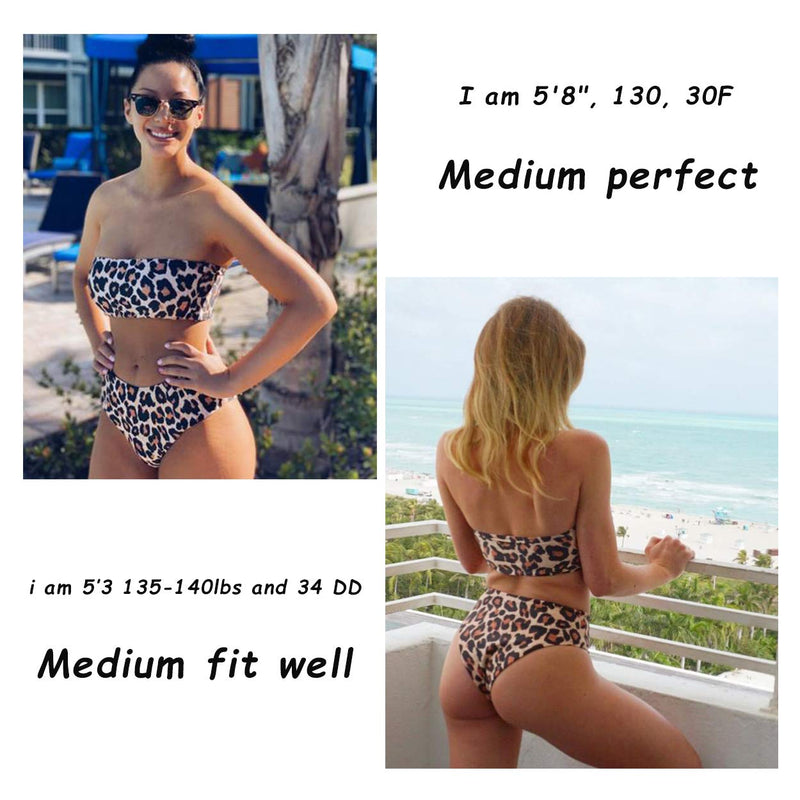 OMKAGI Women's 2 Pieces Bandeau Bikini Swimsuits Off Shoulder High Waist Bathing Suit High Cut Small 0-apricot Leopard