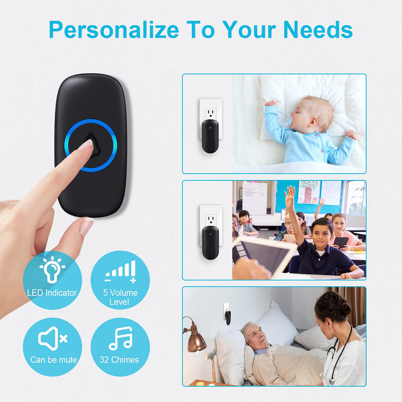 SECRUI Wireless Doorbell – Doorbell Wireless Kits with 2 Receivers – Battery Operated Doorbell with 52 Chimes, 110dB, Flash Lights, – Waterproof Modern Doorbell – Over 1000ft Coverage Black