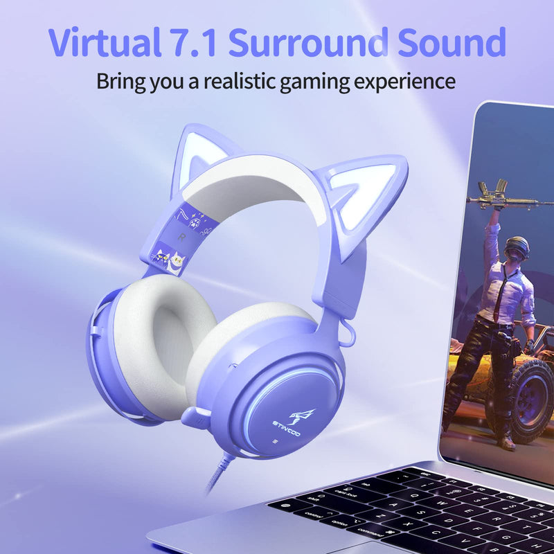Cat Ear Headset, EASARS USB Gaming Headset with Retractable Noise Cancelling Mic, 7.1 Surround Sound, RGB Lighting, Wired Headset for PC, PS4, PS5 - Purple