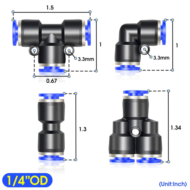 TAILONZ PNEUMATIC 1/4 Inch od Push to Connect Fittings Pneumatic Fittings Kit 2 Spliters+2 Elbows+2 tee+2 Straight (8 pcs) 1/4"OD Blue 8