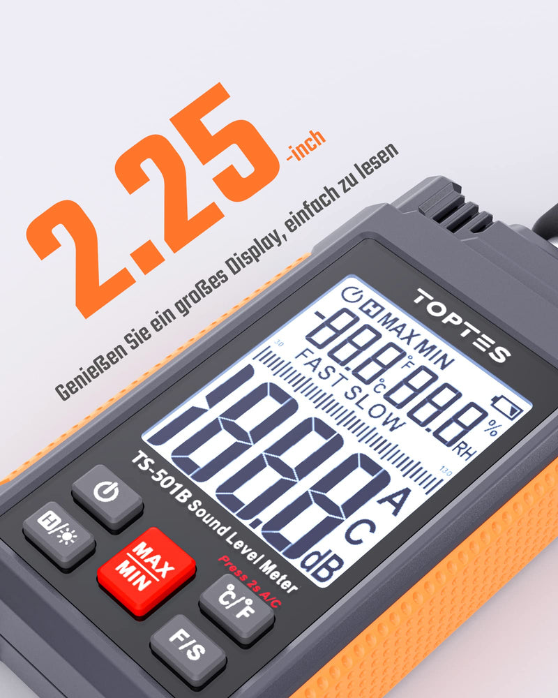 Decibel Meter, TopTes TS-501B Sound Level Meter with 2.24" Backlit LCD Screen, A/C Weighted, Range 30-130dB, MAX/MIN, Data Storage - Orange