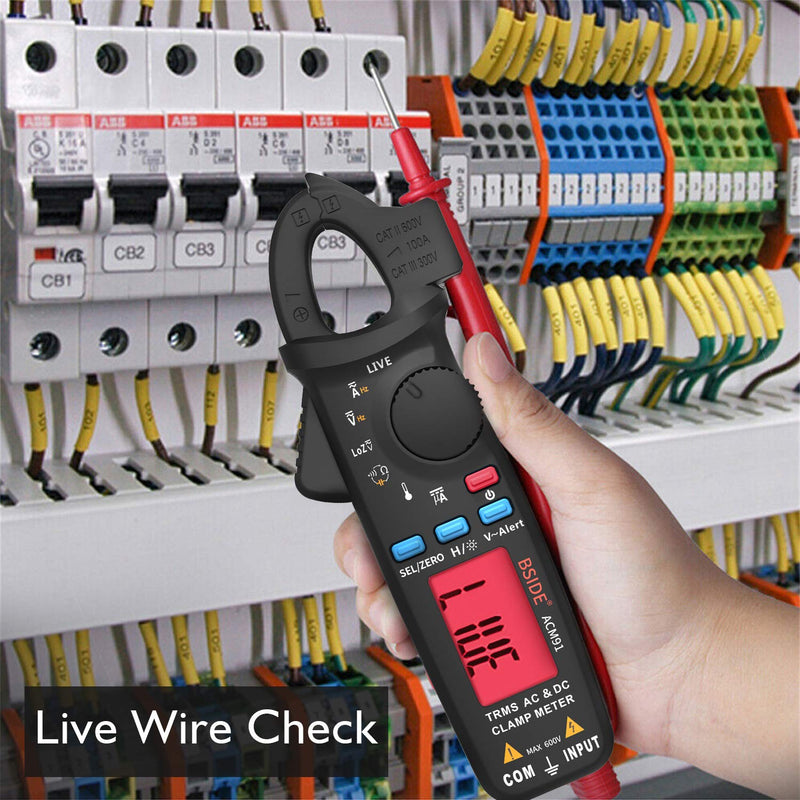 BSIDE ACM91 Digital Clamp Meter 1mA AC/DC Current True RMS Auto-Ranging 6000 Counts Meter Hz Temperature Capacitance Live Check V-Alert Low Impedance Voltage Tester Black