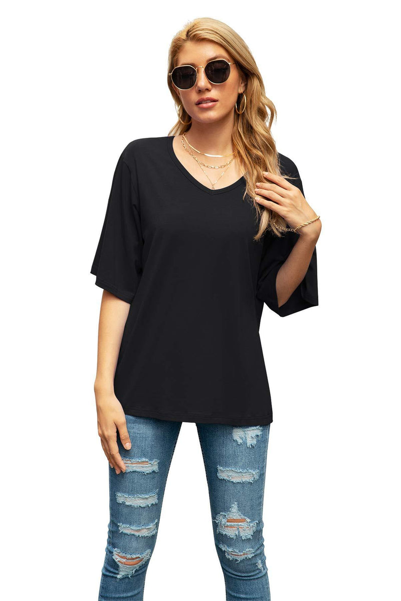 SUEANI Women's Blouse Tops Loose V Neck 3/4 Bell Sleeve Shirt Small A-01- Black