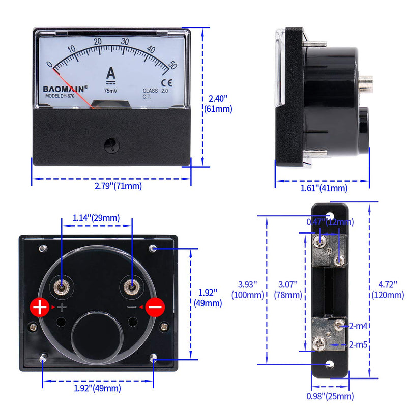 Baomain DH-670 DC 0-50A Analog Amp Panel Meter Current Ammeter with 75mV Shunt