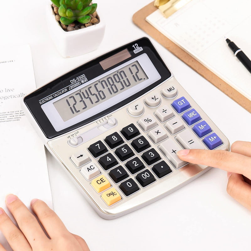 JAWOO Large Display Desk Office Calculator, 12 Digit Desktop Basic Jumbo Adding Machine Standard Function Simple Accounting Calculators with Big Button, Solar and Battery Dual Power (DS-5500) DS-5500 -Silver