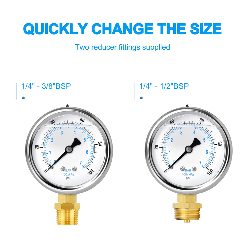 ERGAOBOY 0-7 Bar Stainless Steel 1/4" BSP 2.5" Inch FACE DIAL Liquid Filled Pressure Gauge WOG Water Oil Gas Lower Mount Lower Mount
