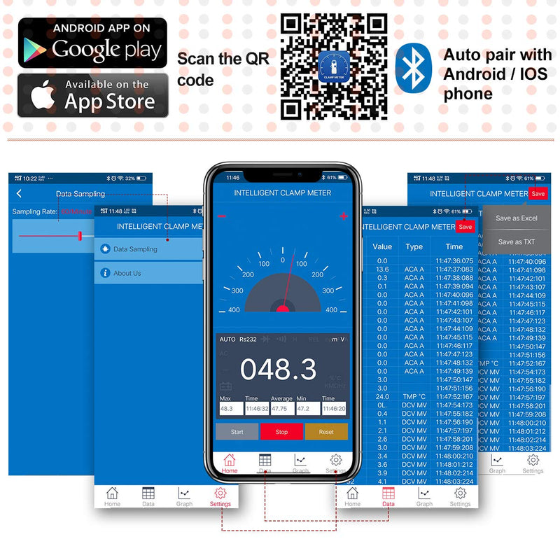 Digital Clamp Meter 570CAPP 4000 Counts Auto-ranging AC DC Volt Current Multimeter for Accurate Measure Voltage,Amp,Resistance,Capacitance,Temperature,Continuity with APP via Bluetooth 1.YF-570C-APP AC DC Current Clamp with BT