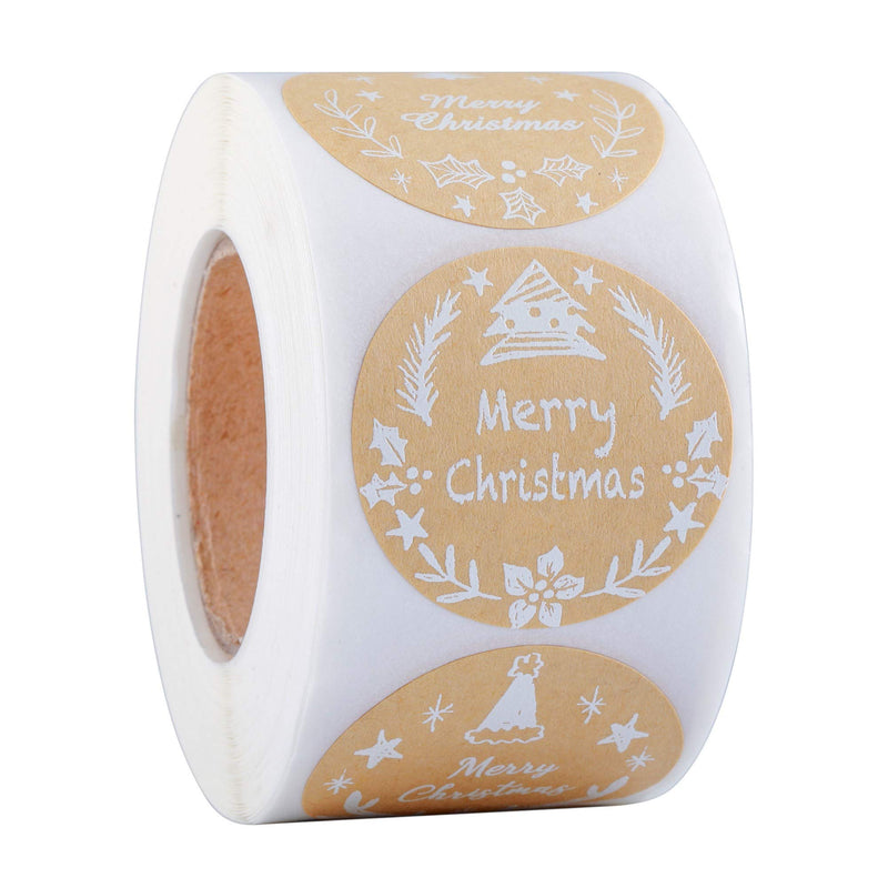 Filhome 1.5" Round Merry Christmas Stickers 500 Labels Per Roll, Holiday Stickers Envelope Seals for Cards Gift Boxes Kraft