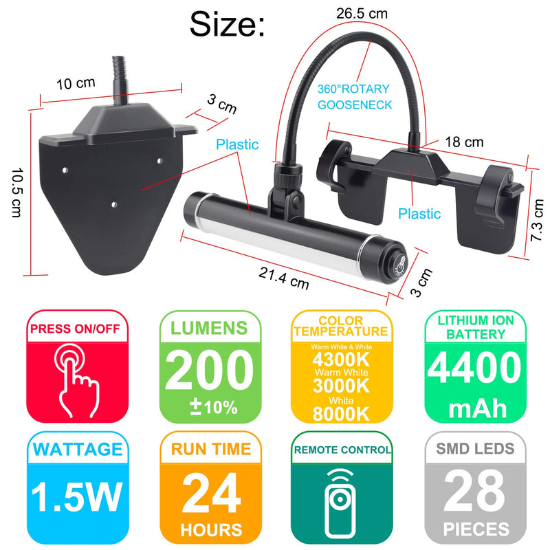 HONWELL Painting Lights Cordless，Dartboard Light with Remote，Rechargeable Picture Light, Picture Frame Light with 3 Modes 28 LEDs Rotate Head, 360° Flexible Neck, Clip on Display Light for Art-Black Black