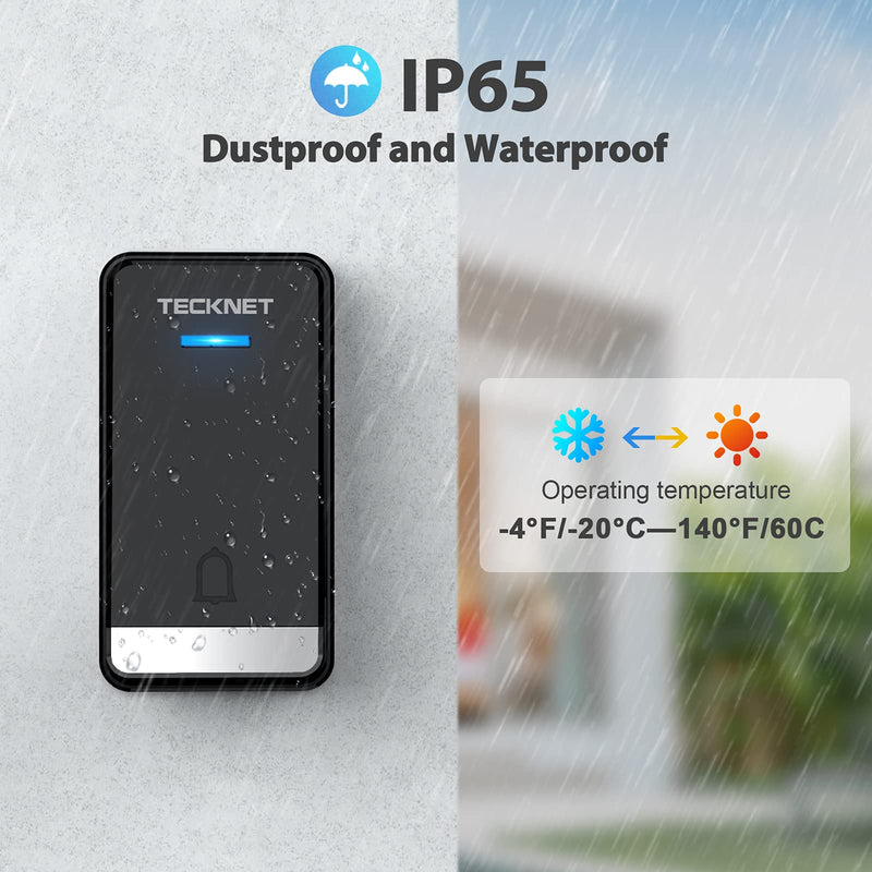 TECKNET Wireless Doorbell, Self-Powered Doorbell No Battery Required Push Button Plug-through Waterproof Cordless Door Chime, up to 1300ft Range with 32 Chimes, 5-Level Volume& LED Light (Black) Black
