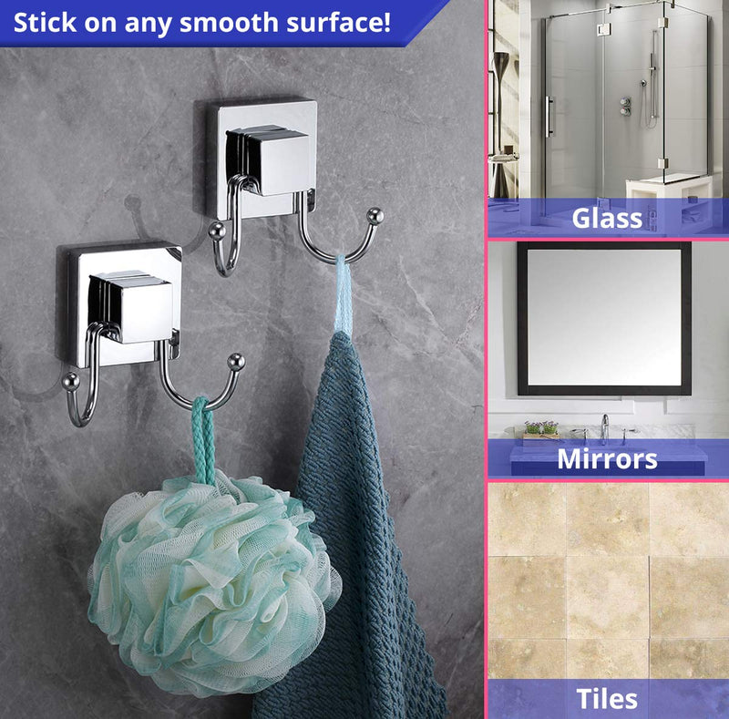 HOME SO Suction Cup Hooks for Shower, Bathroom, Kitchen, Glass Door, Mirror, Tile – Loofah, Towel, Bath Robe Removable Hook Holder – Prisma Collection, Stainless Steel Chrome (2-Pack)…