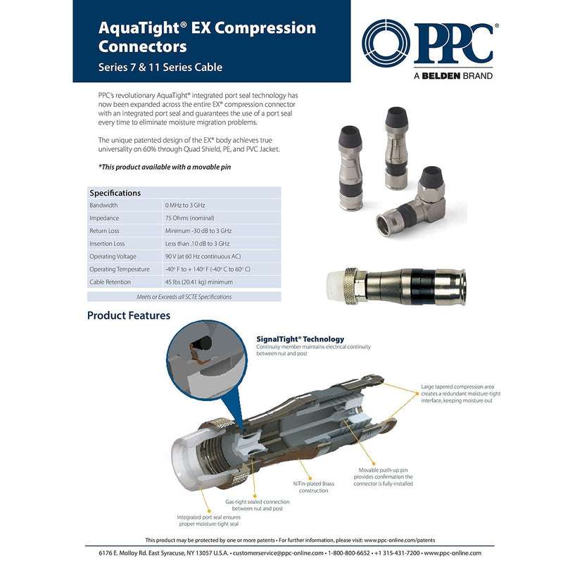 PPC RG11 Coax Compression Connectors Qty of 25: EX11N716WS with AquaTight Seal for Quad Shield, PE, and PVC Jacket Coaxial Series Cable