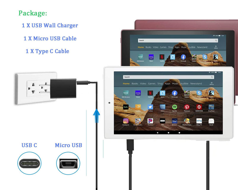 Fire HD 10 Tablet Charger Adapter with 5FT Extra Long Cord Charging Cable, Rapid Charger Compatible for Amazon Kindle Fire HD 10 and Fire HD 10 Plus,Kids Pro,Kids Edition,All New Fire 10 Tablet Black