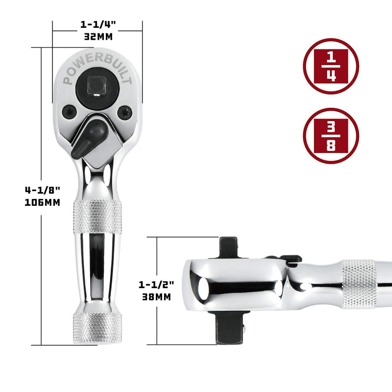 Powerbuilt 640931 1/4" x 3/8" Drive Stubby Dual Head Ratchet Wrench, Silver