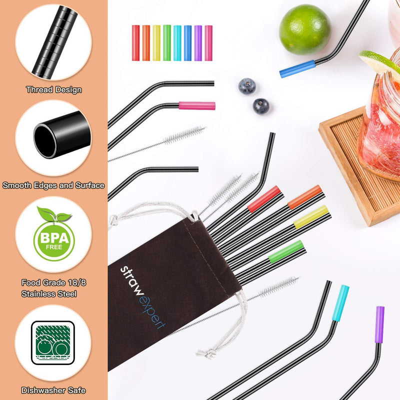 StrawExpert 16 Pack Black Reusable Metal Straws with Silicone Tip & Travel Case & Cleaning Brush,Long Stainless Steel Straws Drinking Straw for 20 and 30 oz Tumbler