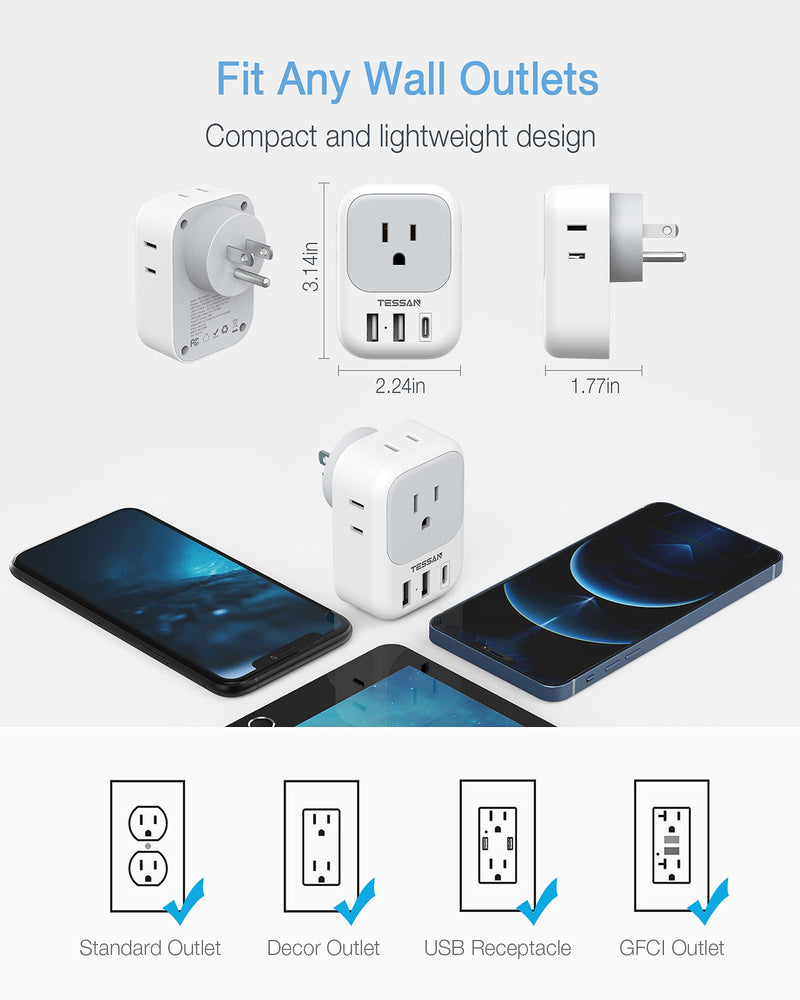 Wall Charger, USB Plug Adapter Outlet Extender, TESSAN 3 USB Ports(1 USB C Port), Multi Charging Station for Cruise, Bathroom, Office, Dorm Essentials White, Grey