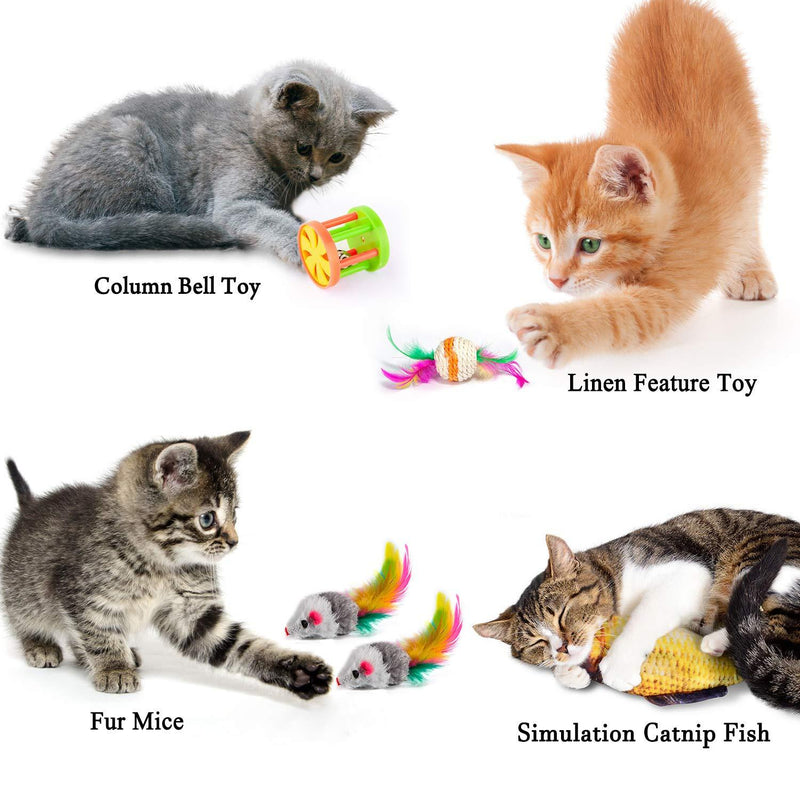 Mibote 28 Pcs Cat Toys Kitten Toys Assorted, Cat Tunnel Catnip Fish Feather Teaser Wand Fish Fluffy Mouse Mice Balls and Bells Toys for Cat Puppy Kitty with Storage Bag Basic