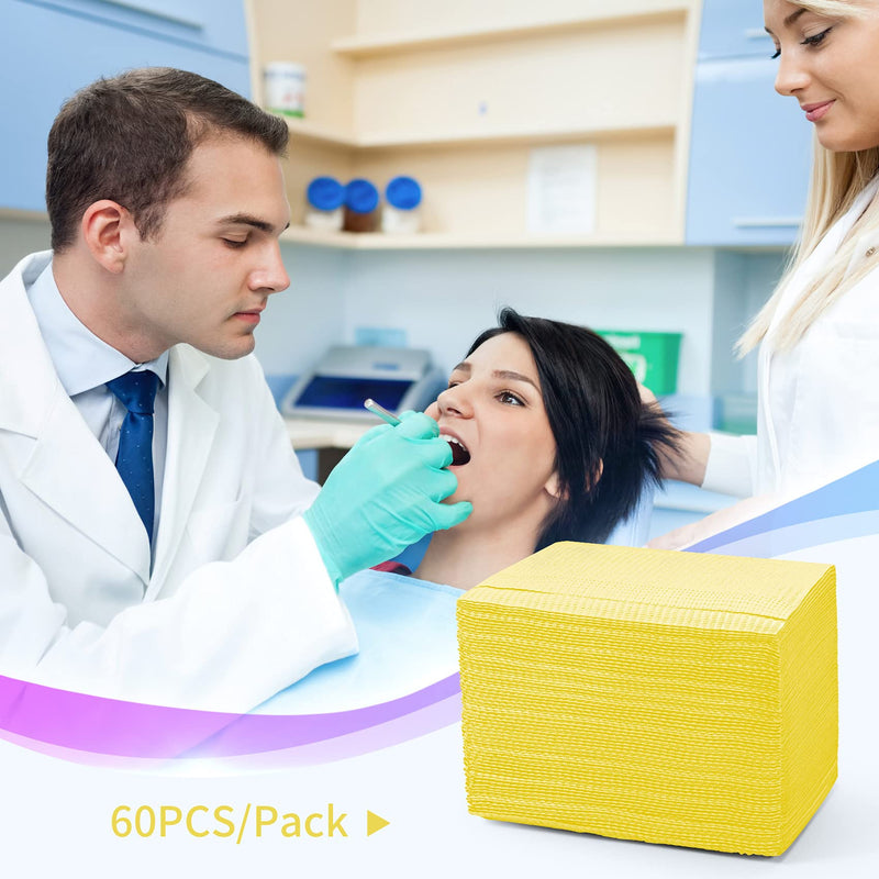 Disposable Patient Bibs 60 PCS Waterproof Tattoo Bib 3 Ply Tissue Napkins, Annhua Dentist Bibs Tattoo Tray Covers Lap Cloths - Sturdy and Leakproof - Yellow