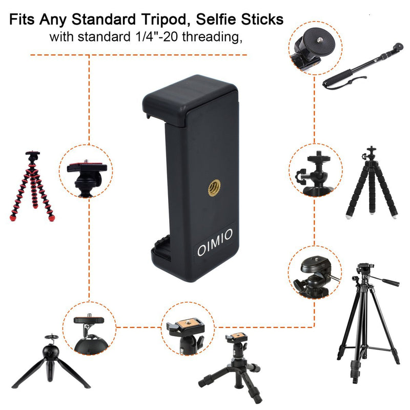 Universal Cell Phone Tripod Mount Adapter, OIMIO Phone Holder Clip Connector Head Used for Monopod Selfie Stick DSLR Travel Mini Flexible Tripod and More(2 Pack) 2pack black