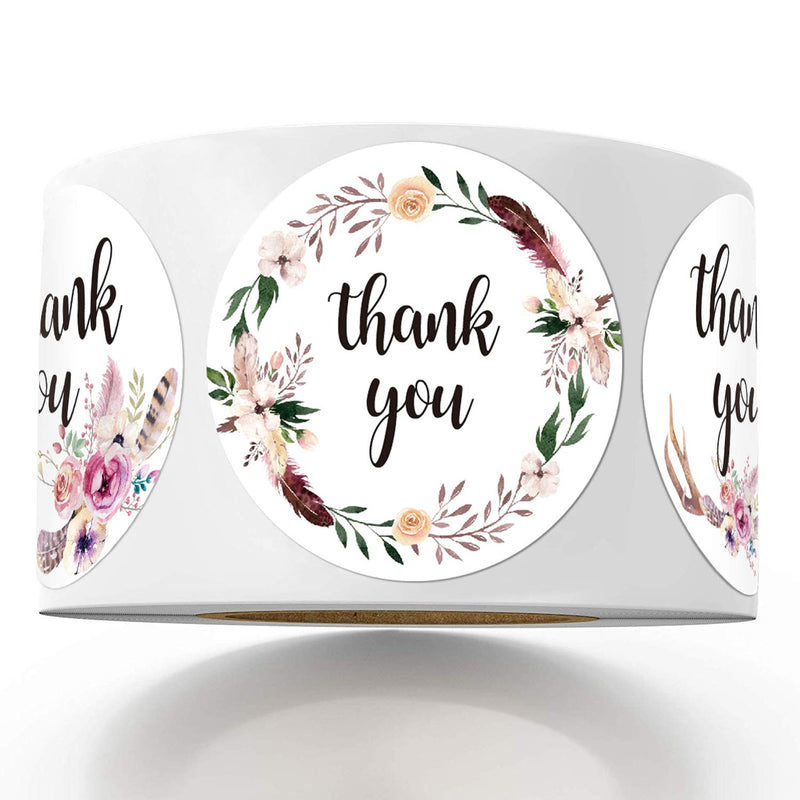 Thank You Stickers, Bohemian Feather Thank You Label Stickers, Chic Floral Label Stickers for Wedding, Company, Small Business, 6 Different Designs, 1.4 Inch, 500 Per Roll.