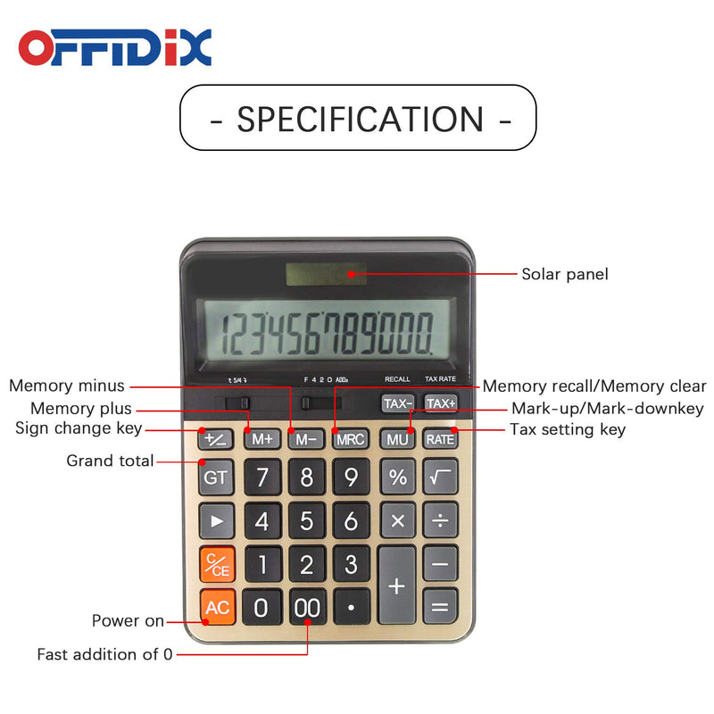 OFFIDIX Desktop Calculator 12 Digit with Large LCD Display, Desk Calculator Solar Battery Dual Power Electronic Calculator, Business Calculator with Tax Functions,Perfect for Office, Home, School Gold