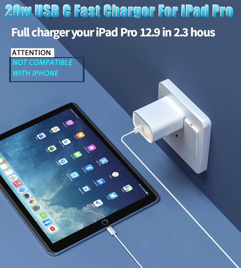 20W USB C Fast Charger for iPad Pro 12.9/11/2021/2020/2018, iPad Air 5/4th/10.9 inch, iPad 10th Generation,iPad Mini 6 Gen,iPad Charger Block Fast Charging with 10ft USB C Charging Cable Cord White