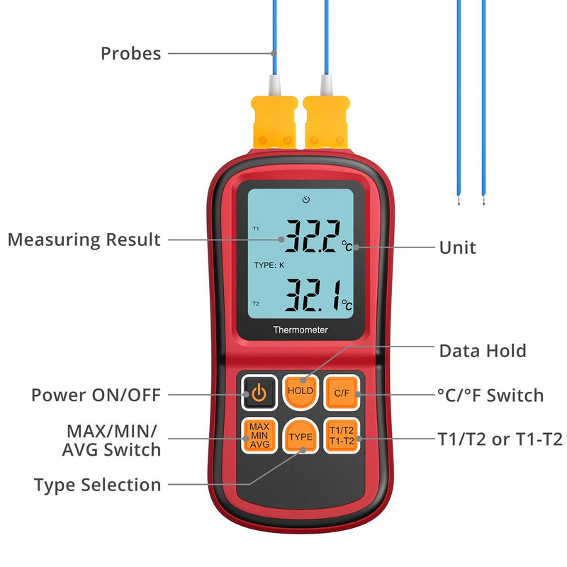 Kamtop Digital Thermometer Dual Channel Thermometer with Two K- type Thermocouples Temperature Meter with LCD Backlight for K/ J/ T/ E/ R/ S/ N Thermocouple