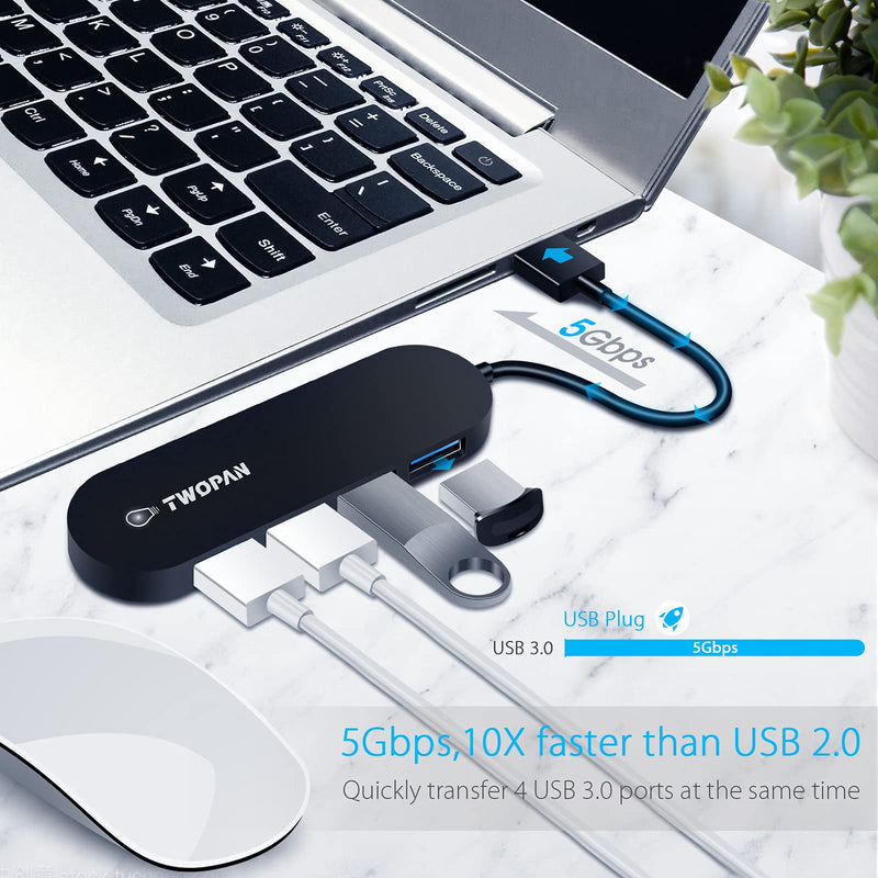 TWOPAN USB Sliptter HUB 3.0 Adapter 4-Port USB A Adapter High Speed Ports Ultra Slim Mini USB Hub with an Extra USB C Adapter for Desktop, Computer Laptop/ T2-A Black A