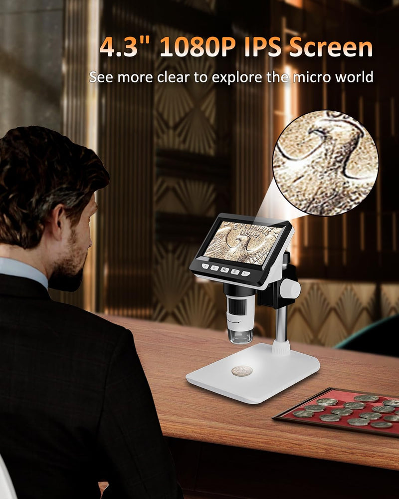 AOPICK Microscope, LCD Digital Microscope 1000X 4.3-Inch 1080P USB Microscope with 8 Adjustable LED Light, PC View, Compatible with MacOS Windows