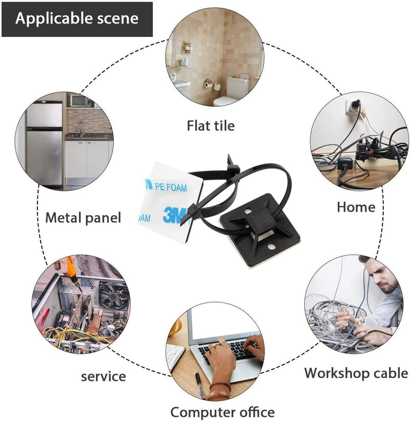 Black Cable Tie Zip Self Adhesive Mounts Set, Cable Base Holders with Multi-Purpose Sticky Pads 100 sets