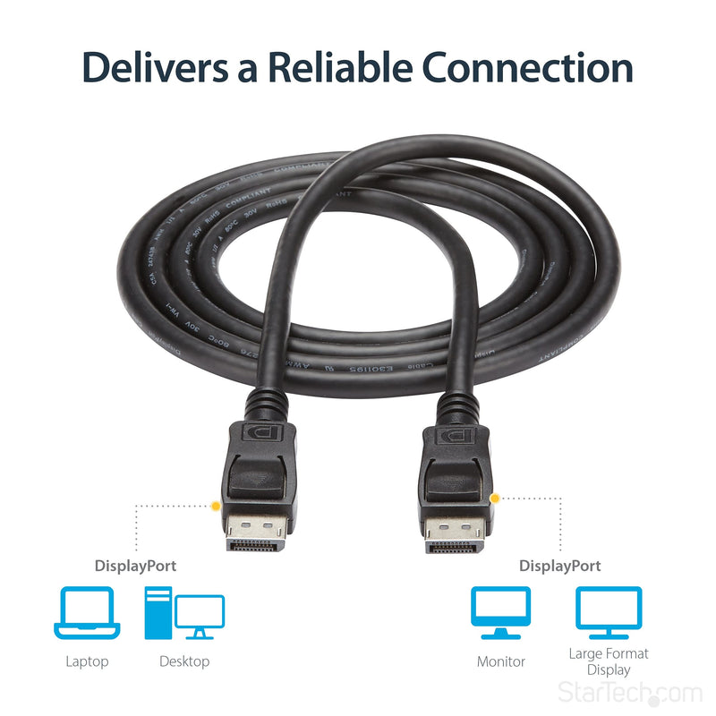 StarTech.com 15 ft DisplayPort 1.2 Cable with Latches - 4K x 2K (4096 x 2160) @ 60Hz - DPCP & HDCP - Male to Male DP Video Monitor Cable (DISPLPORT15L), Black 15 ft/4.6 m 1 Pack