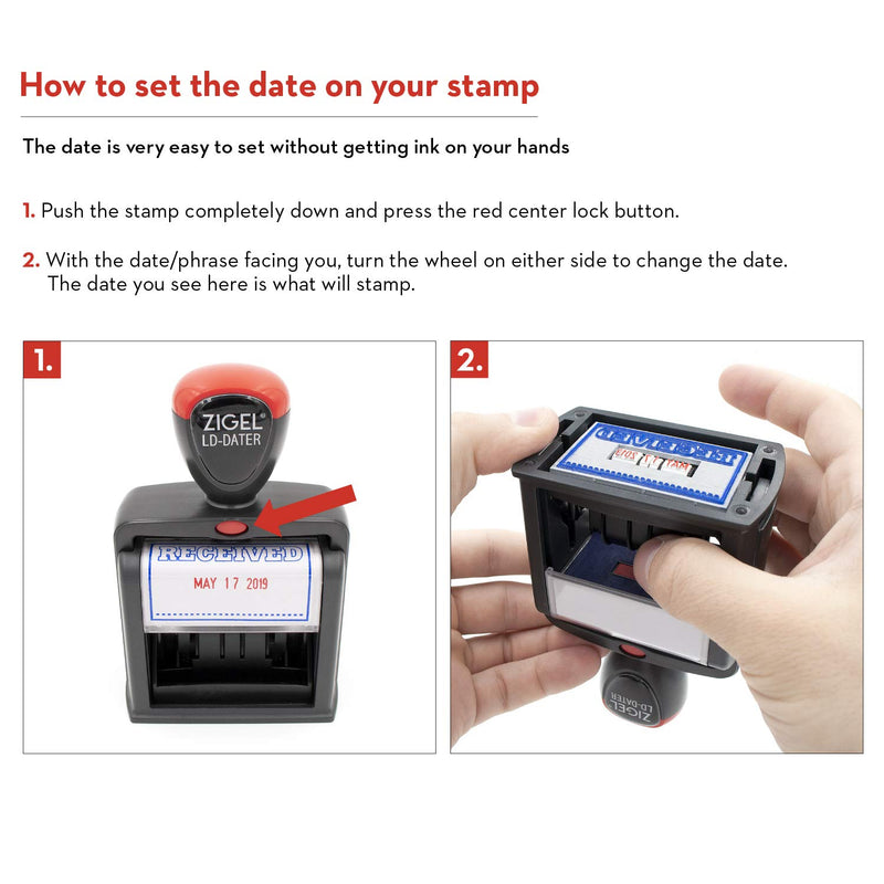 ZIGEL Heavy Duty Style Self Inking Date Stamp with Received - Style A - Blue/Red 2 Color Ink