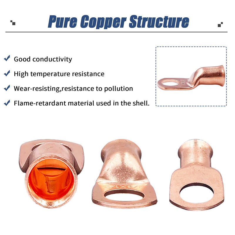 HerMia 20 Pack UL Heavy Duty Wire Lugs 1/0 AWG-1/2'', 1/0 AWG-3/8'' Tubular Ring Terminals Connectors Battery Cable Ends, Bare Copper Eyelets with 3:1 Dual Wall Adhesive Heat Shrink