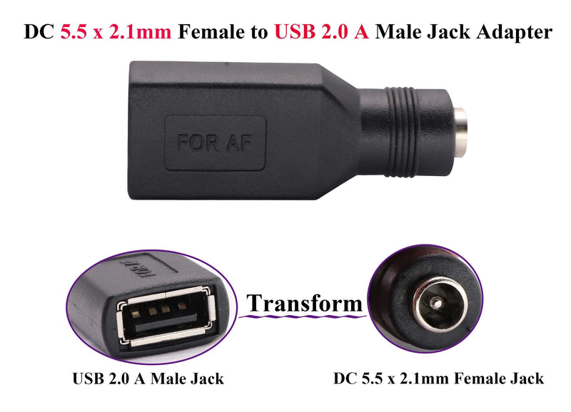 AAOTOKK USB 2.0 A Female to DC 5.5x2.1mm DC Connector Charge Barrel Jack Power Adapter USB 5V Connector, (Max 2.5 Ampere Power Adapter) for DC or USB Charging Device (2Pack-USB A) USB A