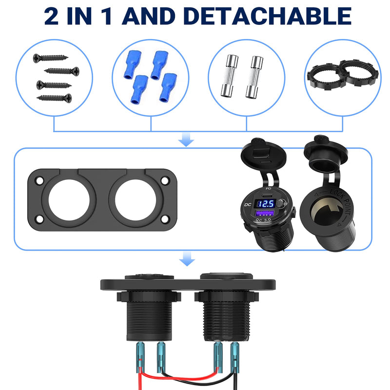 Cigarette Lighter Socket 12 Volt USB Outlet: PD 20W USB C and QC3.0 Car USB Port Aluminum Metal 12V Plug, 150W Car Charger USB Socket Panel with Power Switch LED Voltmeter for Marine Boat RV Golf Cart