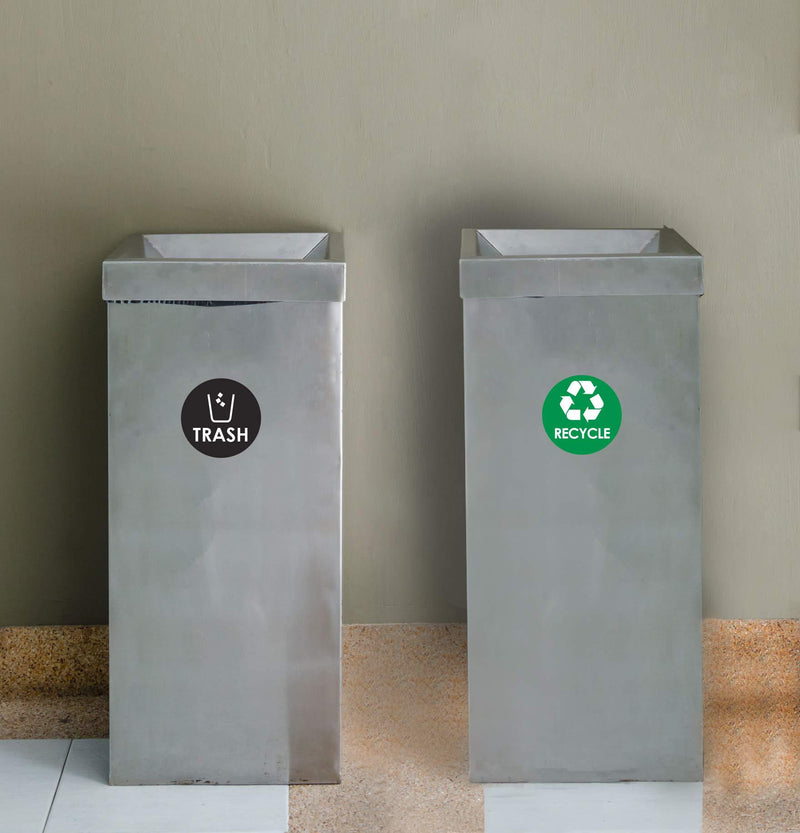 Recycle Sticker Trash Bin Label - 4" x 4" Organize & Coordinate Garbage Waste from Recycling - Great for Metal Aluminum Steel & Plastic Trash Cans - Indoor/Outdoor - Home Kitchen & Office Use (4 Pack)