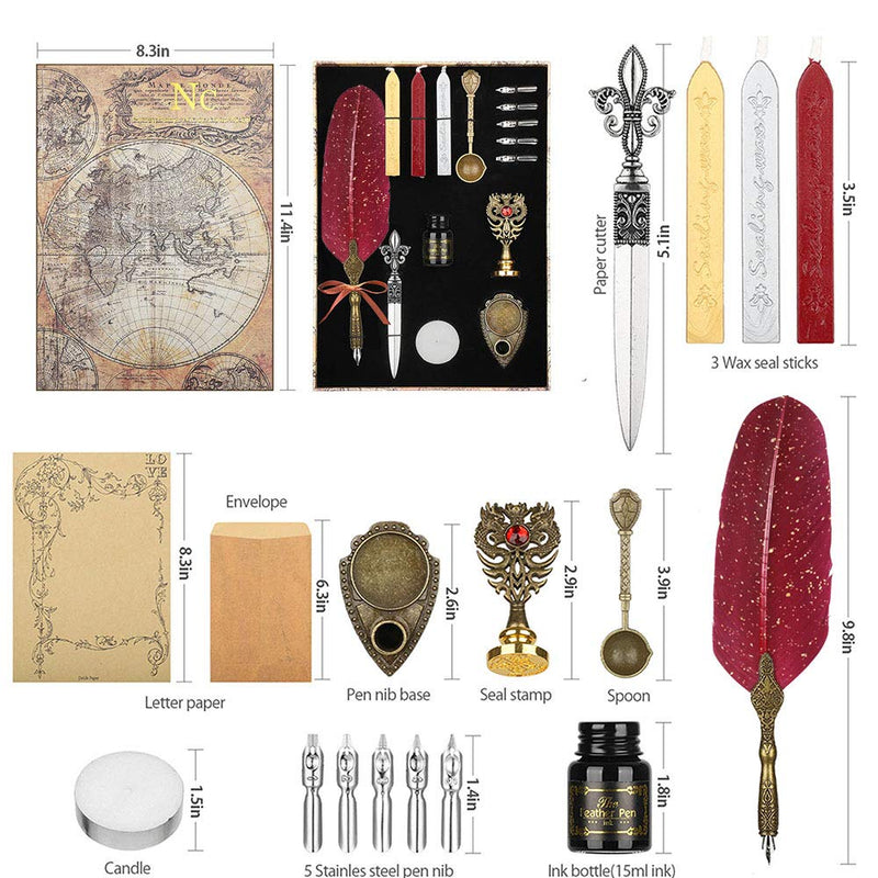 NC Upgraded Wax Seal Stamp Kit,Quill Pen Ink Set Includes Feather Dip Pen,Ink,5 Replacement Nibs,3 Wax Seal Sticks,Pen Nib Base,Seal Stamp, White Wax,Spoon,Envelope Letter Paper, Envelope Tool（Red） red